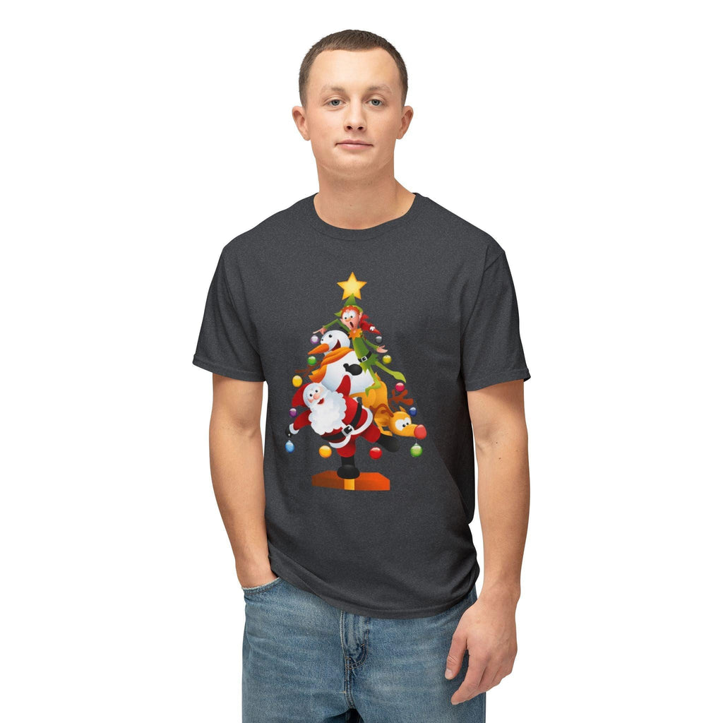 Christmas Trio Unisex T-Shirt with Santa, Snowman, and Elf Design