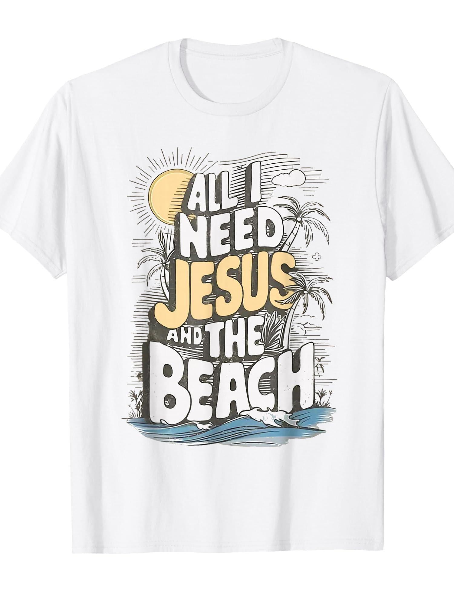 All I Need Jesus And The Beach Funny Christian Sun Vacation T-shirt Stay Salty Christian 220gsm Cotton Round Neck Short Sleeve Casual Henley Shirt Men T-shirt