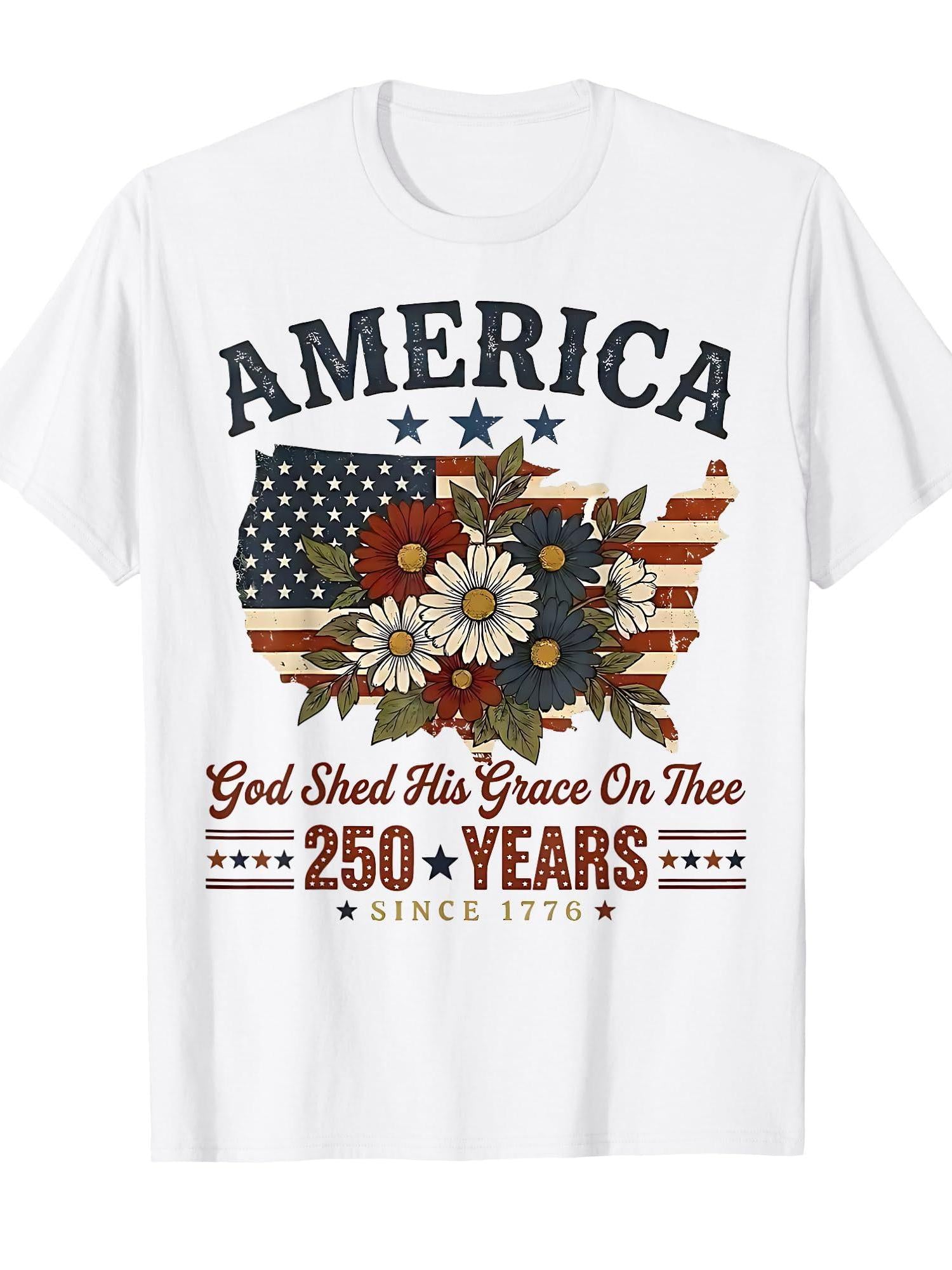 America 250 Years Flag Floral God Shed His Grace On Thee T-shirt Stay Salty Christian 220gsm Cotton Round Neck Short Sleeve Casual Henley Shirt Men T-shirt