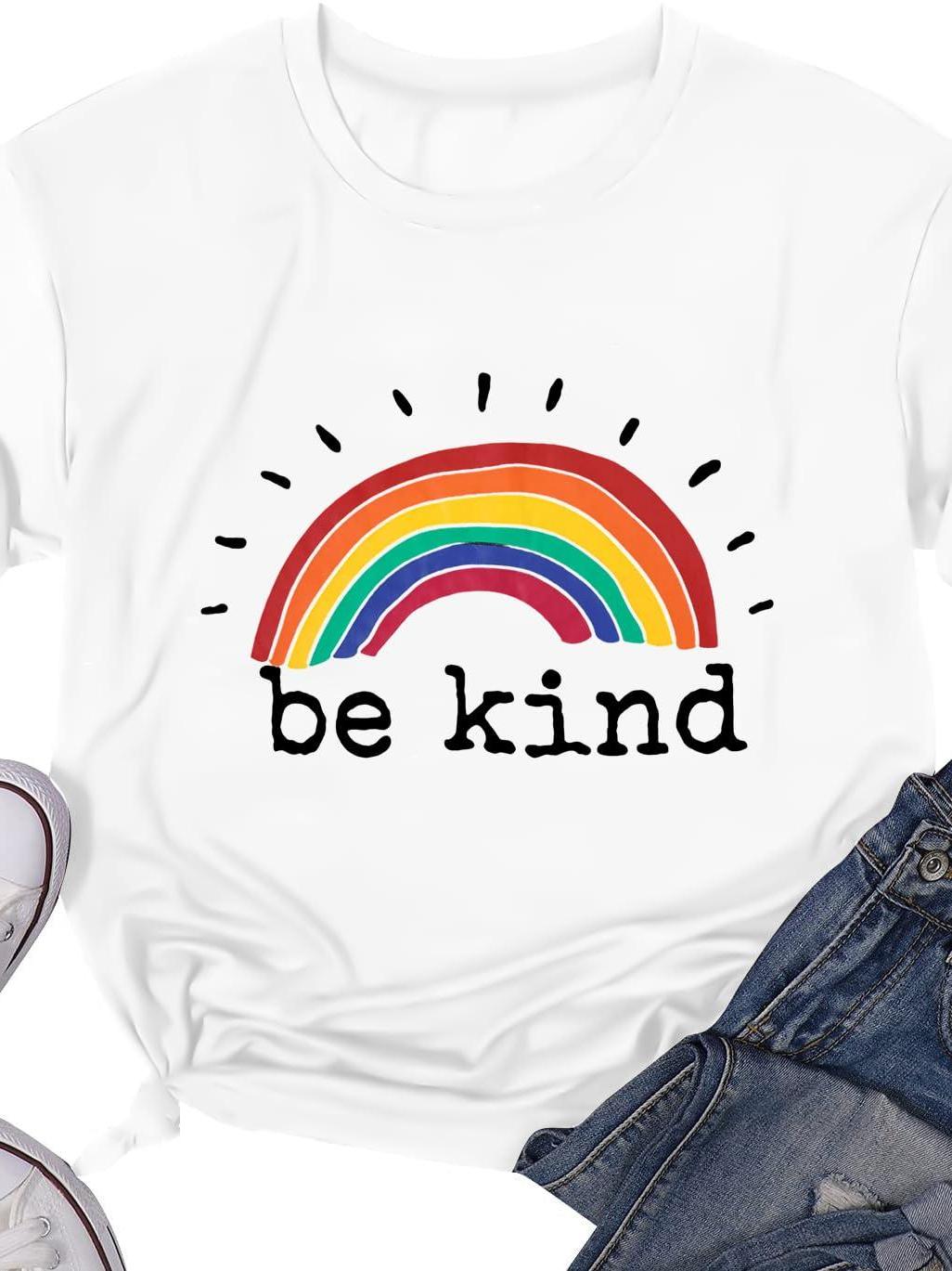 Be Kind Tshirts For Women Rainbow Graphic Short Sleeve Inspirational Shirt Funny Casual Tee Shirts Light Purple Respect Your Mother 220gsm Cotton Round Neck Short Sleeve Casual Henley Shirt Men T-shirt