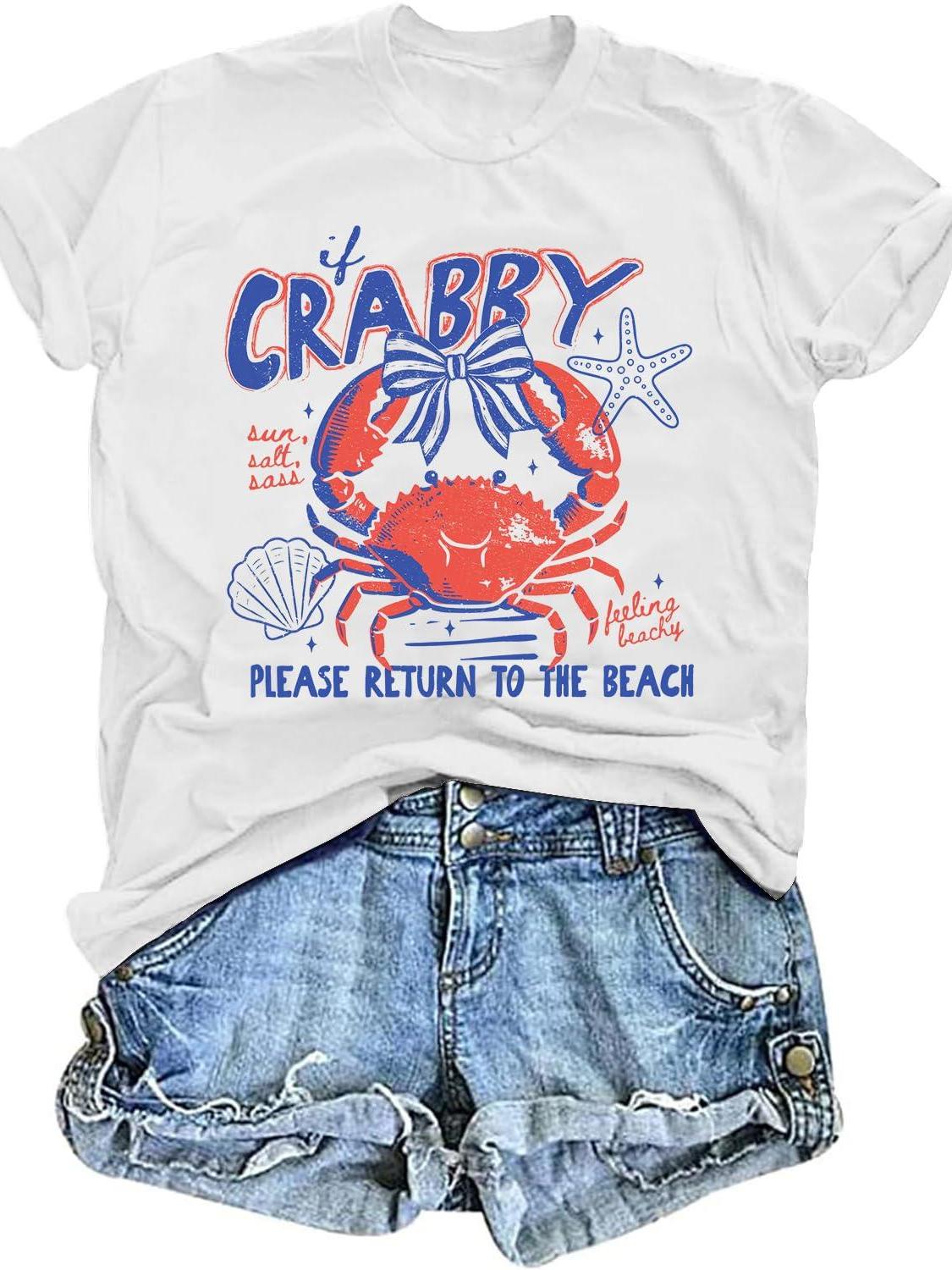 Blucagand If Crabby Return To Beach Tshirt For Women Summer Beach Life Shirt Crabby 220gsm Cotton Round Neck Short Sleeve Casual Henley Shirt Men T-shirt