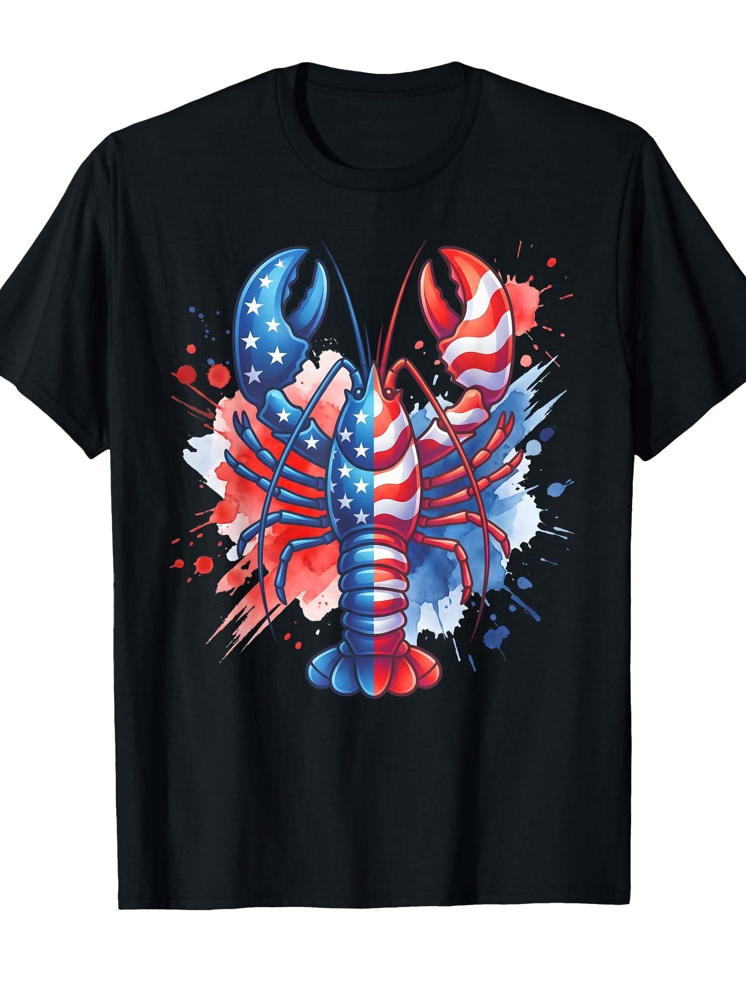 American Flag Lobster Patriotic Crawfish Season 4th Of July T-shirt Crabby 220gsm Cotton Round Neck Short Sleeve Casual Henley Shirt Men T-shirt