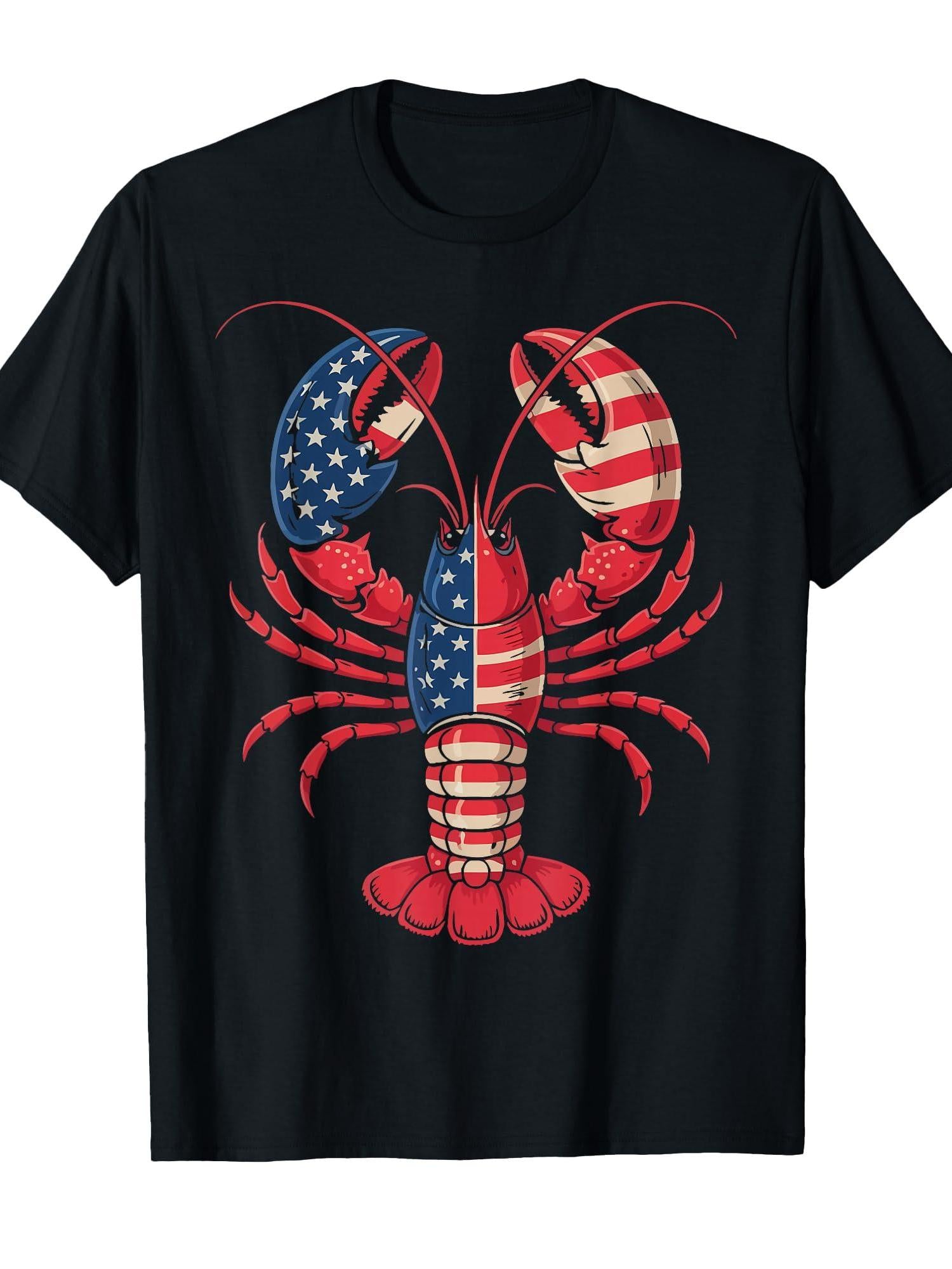 American Flag Lobster Patriotic Crawfish Season 4th Of July T-shirt Crabby 220gsm Cotton Round Neck Short Sleeve Casual Henley Shirt Men T-shirt