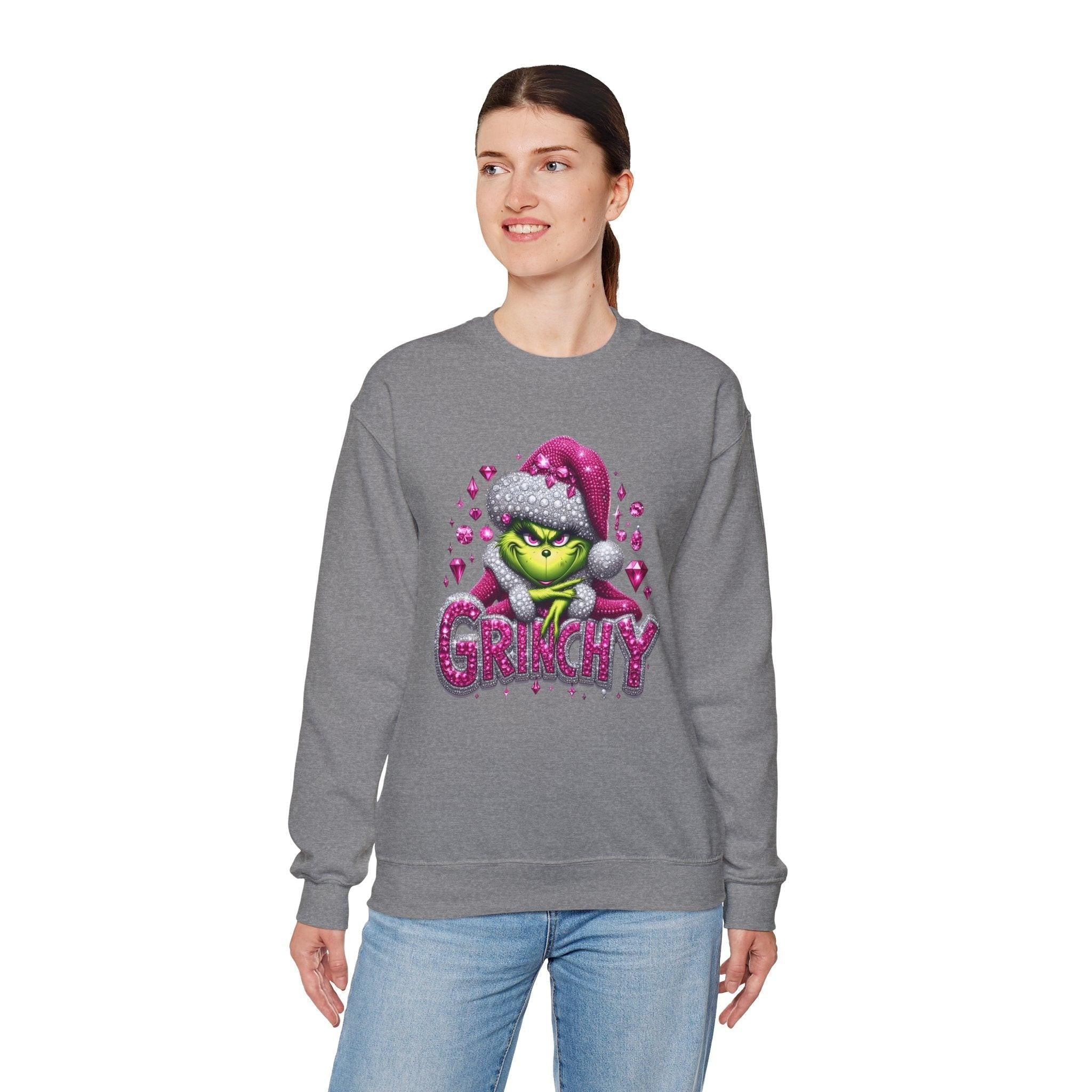 Pink Rhinestone Grinchy Sweatshirt, Holiday Crewneck Jumper, Christmas Sweater,