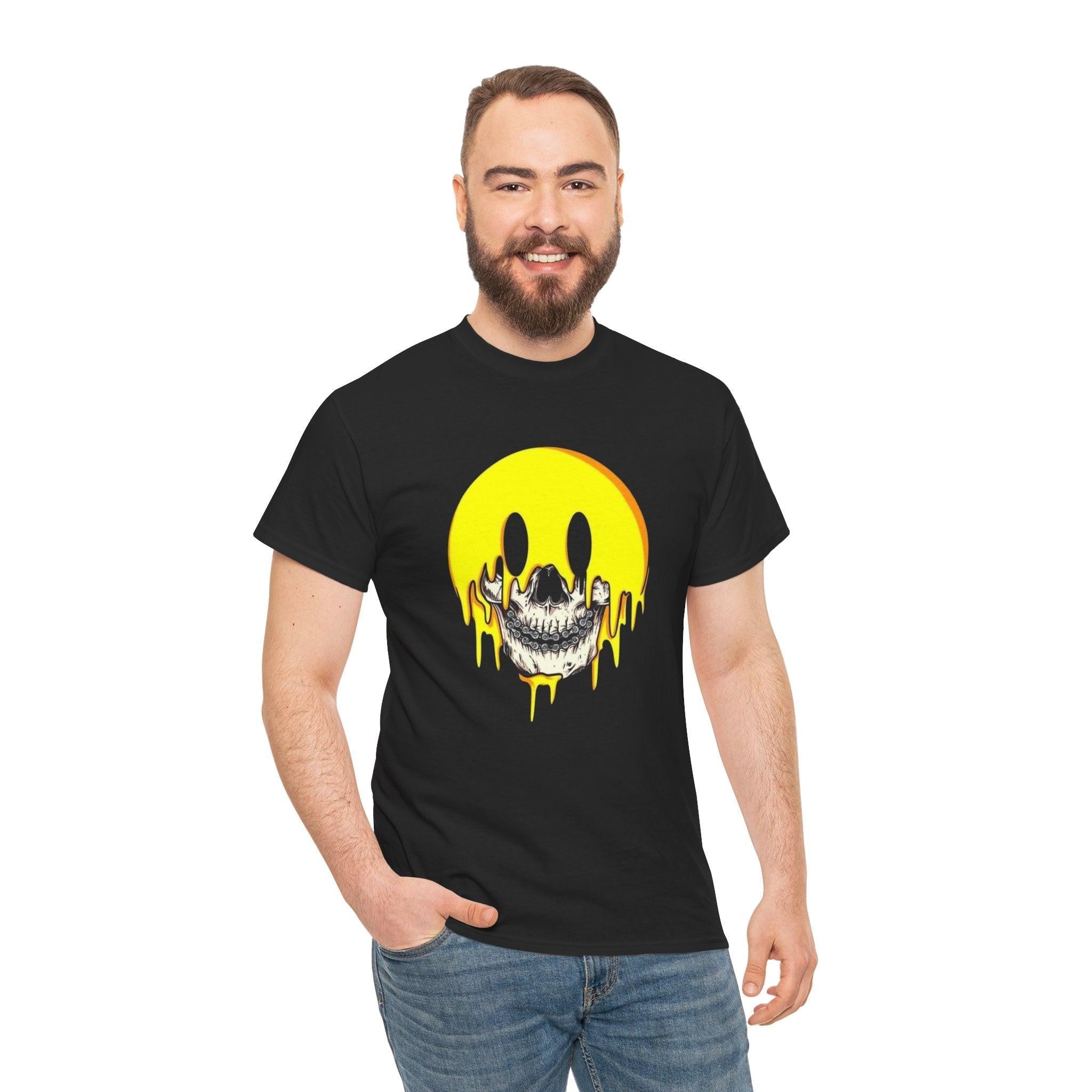 Dripping Smiley Face Tee, Unisex Cotton T-Shirt, Streetwear Fashion, Cool Graphic Tee, Perfect for Festivals, Gift for Art Lovers