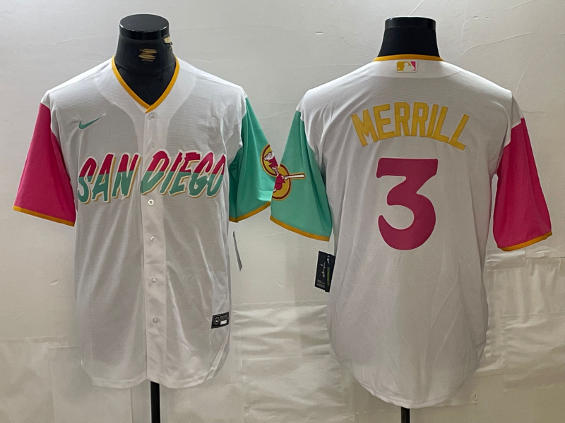 Men's San Diego Padres Jackson Merrill #3 White City Connect Replica Player Jersey