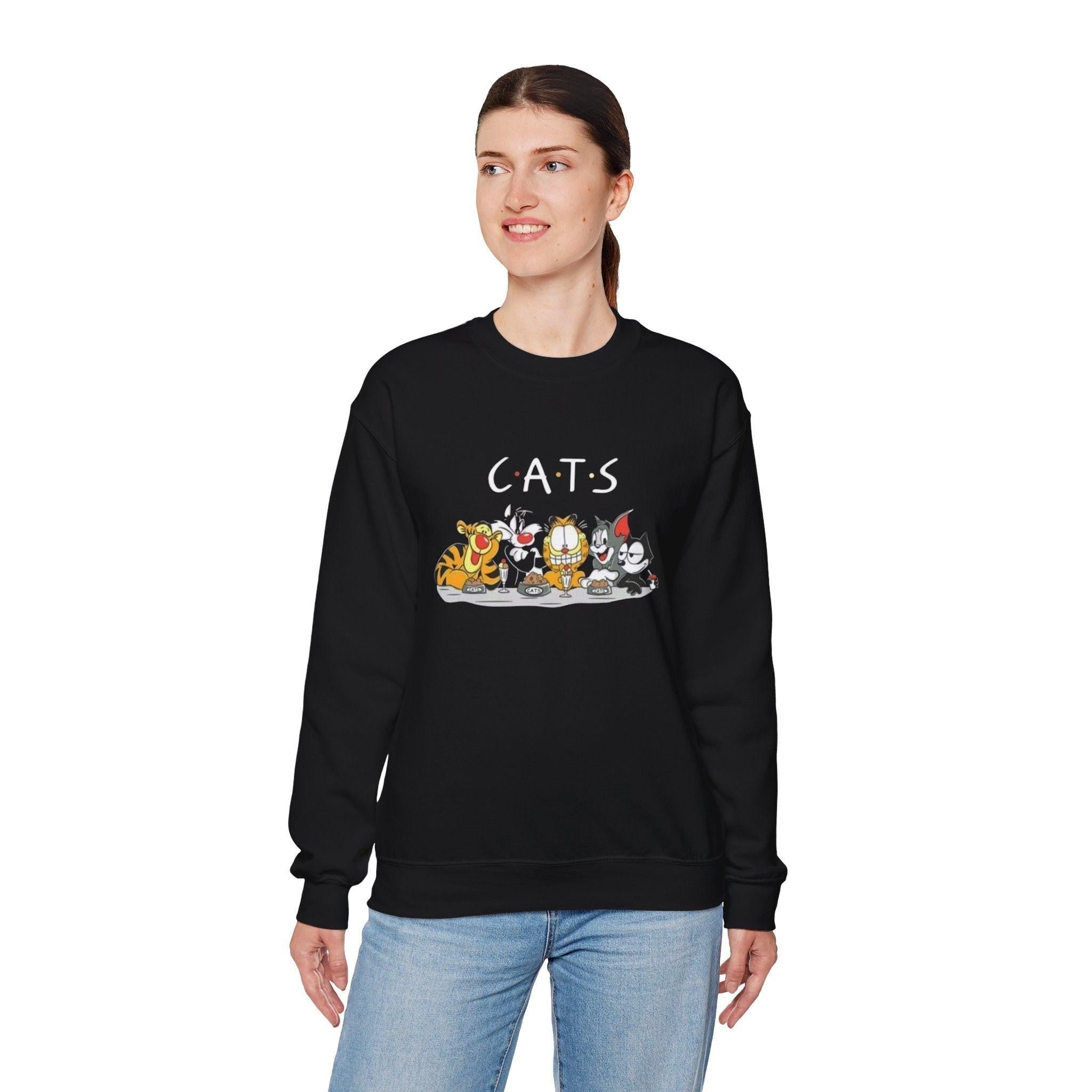 Cat Friends Crewneck Sweatshirt, Funny TV Parody Cartoon Jumper, Cute Cat Lover Gift, Novelty Animal Graphic Pullover, Cozy Winter Sweater