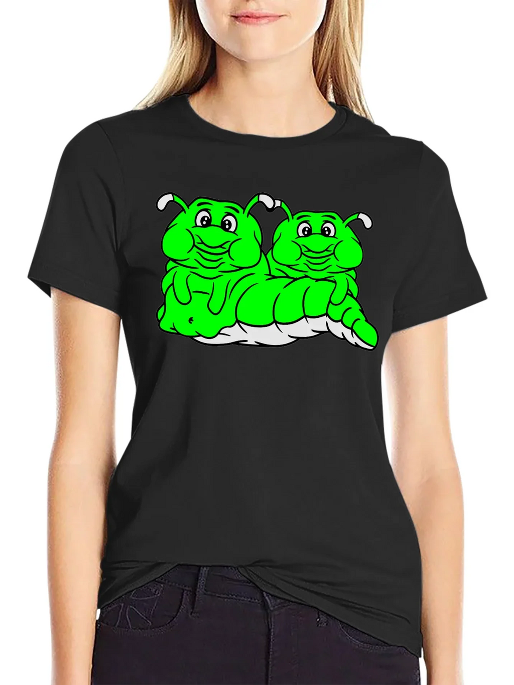 Cartoon Caterpillar Black T-Shirt