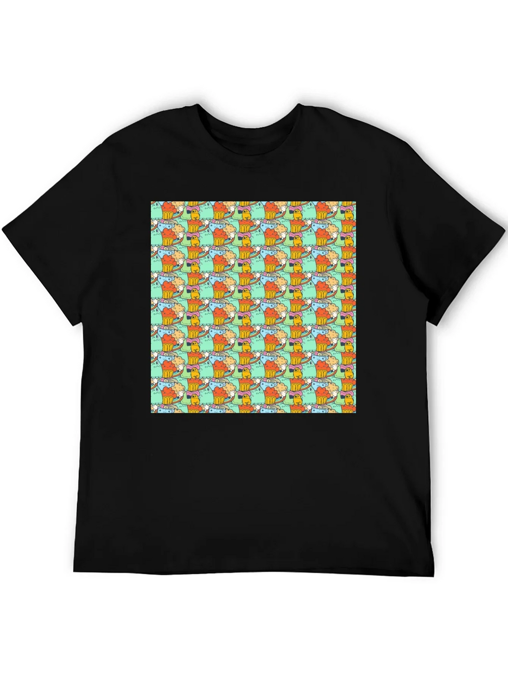 Fun Cartoon Character Pattern Black T-Shirt
