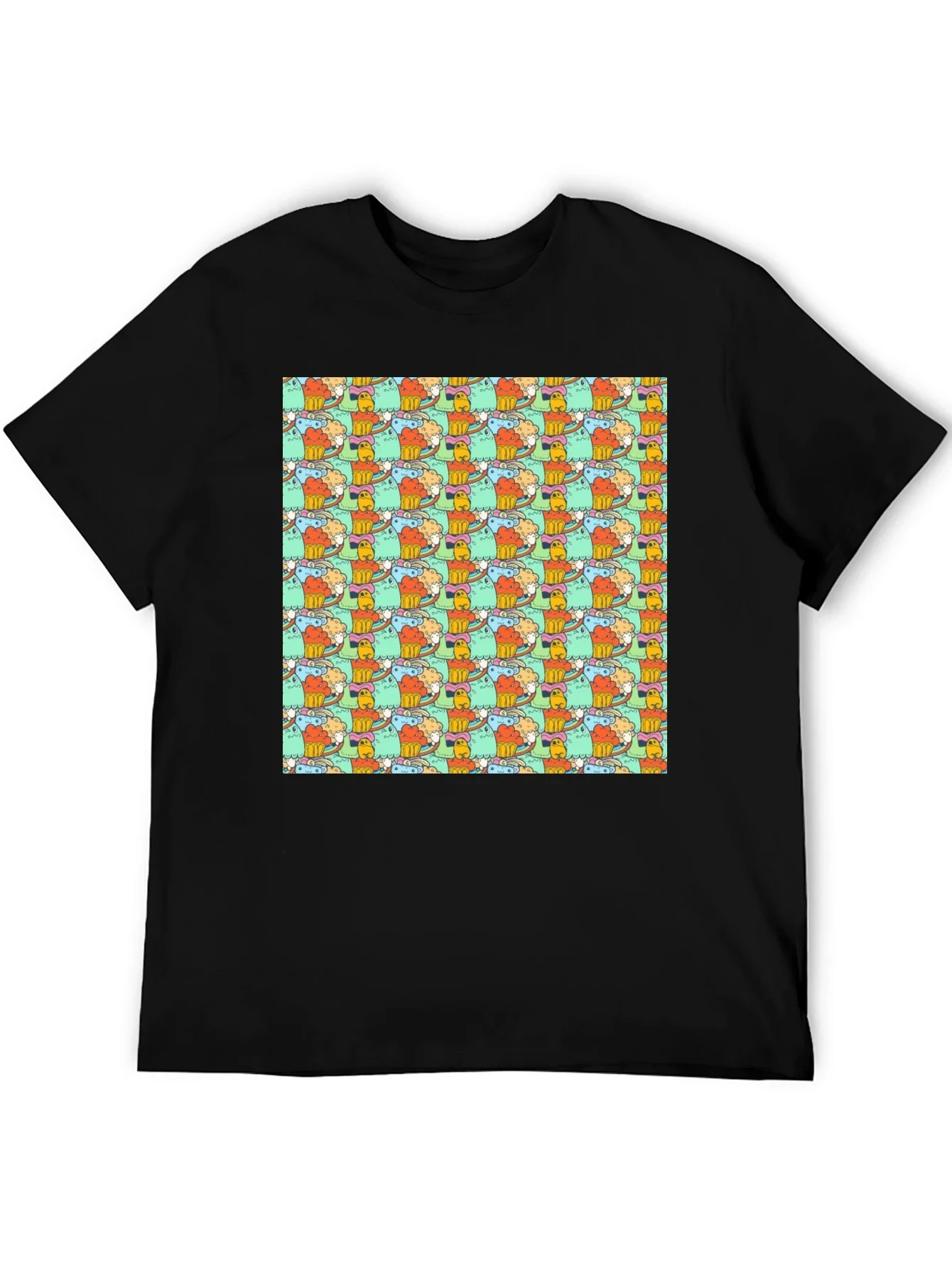 Fun Cartoon Character Pattern Black T-Shirt