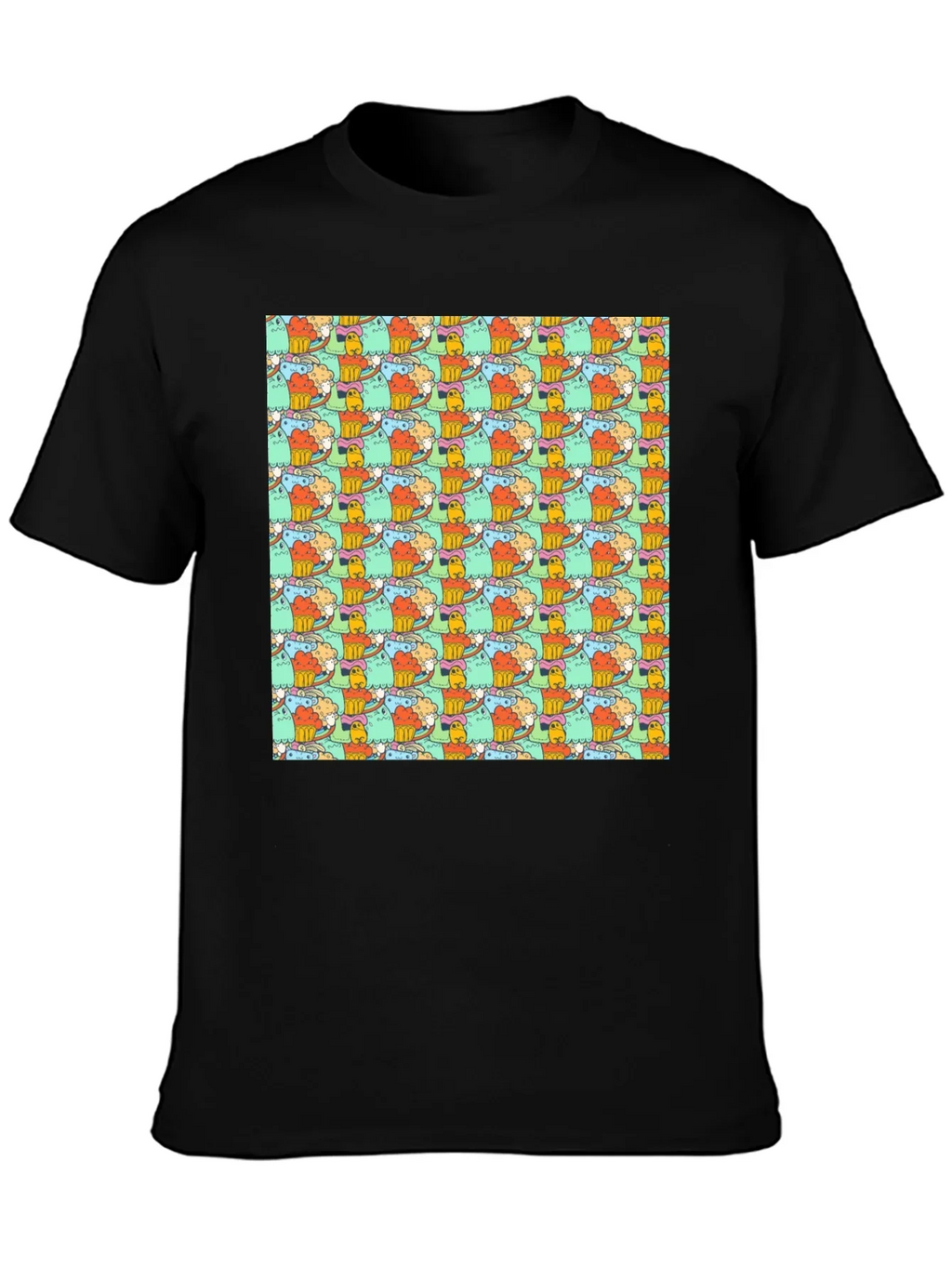 Fun Cartoon Character Pattern Black T-Shirt