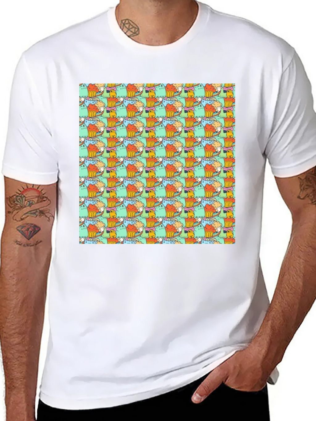 Fun Cartoon Character Pattern Black T-Shirt