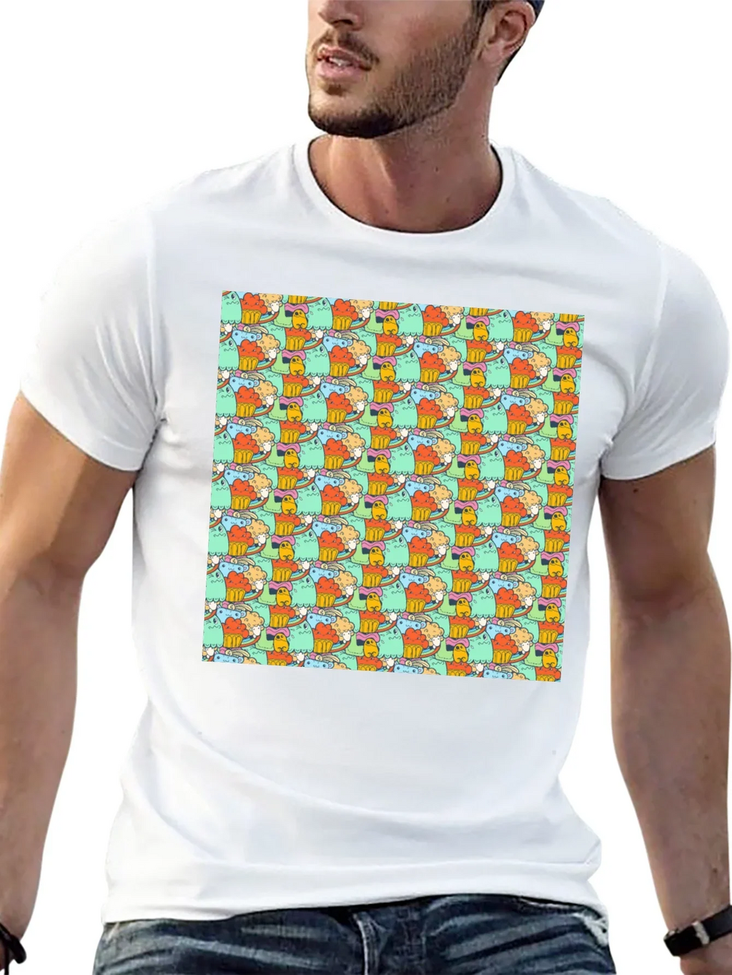 Fun Cartoon Character Pattern Black T-Shirt