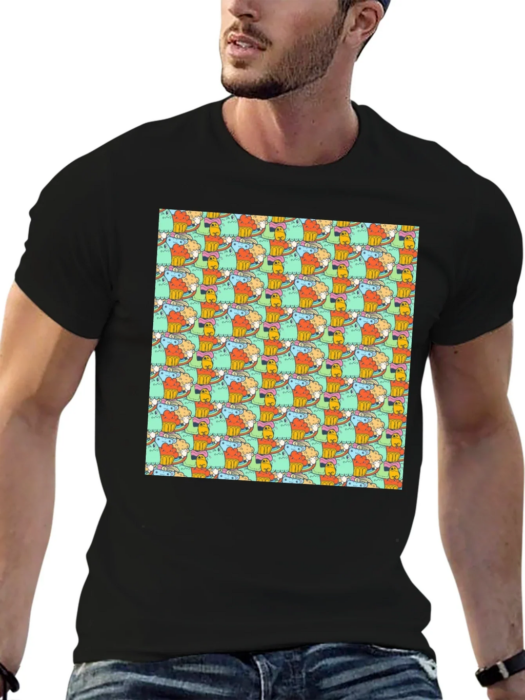 Fun Cartoon Character Pattern Black T-Shirt