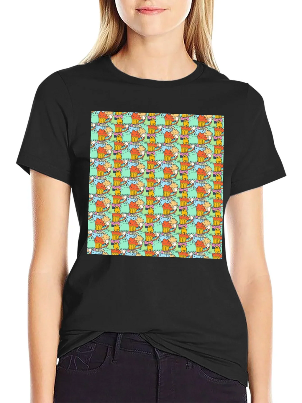 Fun Cartoon Character Pattern Black T-Shirt