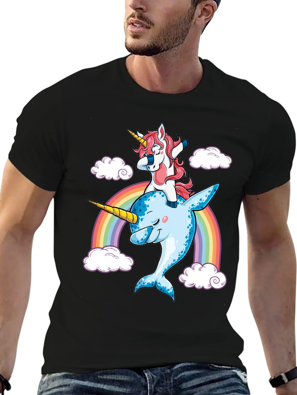 Unicorn Riding Narwhal Rainbow T-Shirt