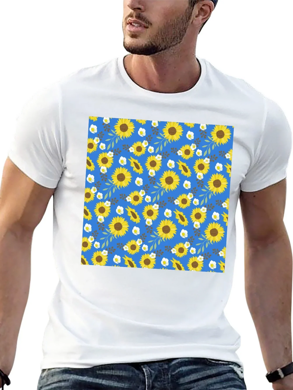 Sunflower Pattern Black T-Shirt