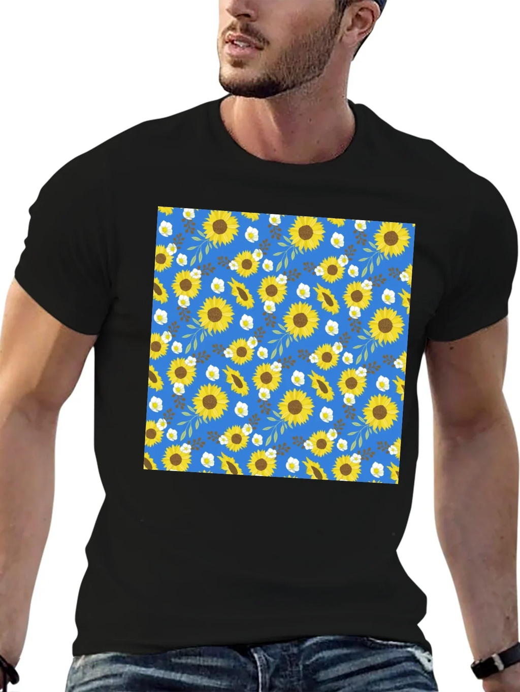 Sunflower Pattern Black T-Shirt