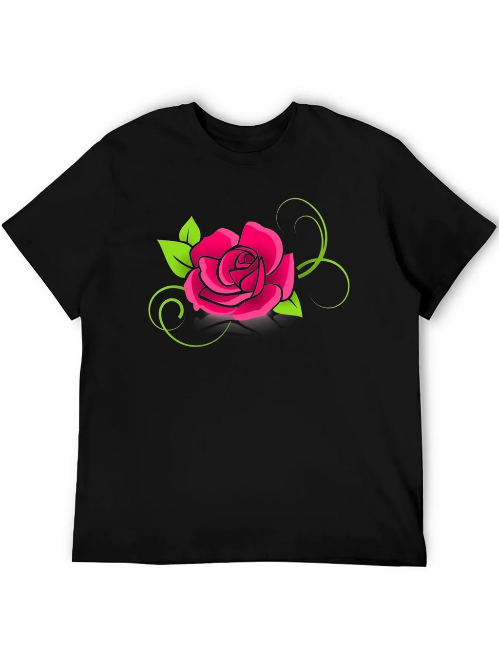 Black T-Shirt with Bold Pink Rose Design