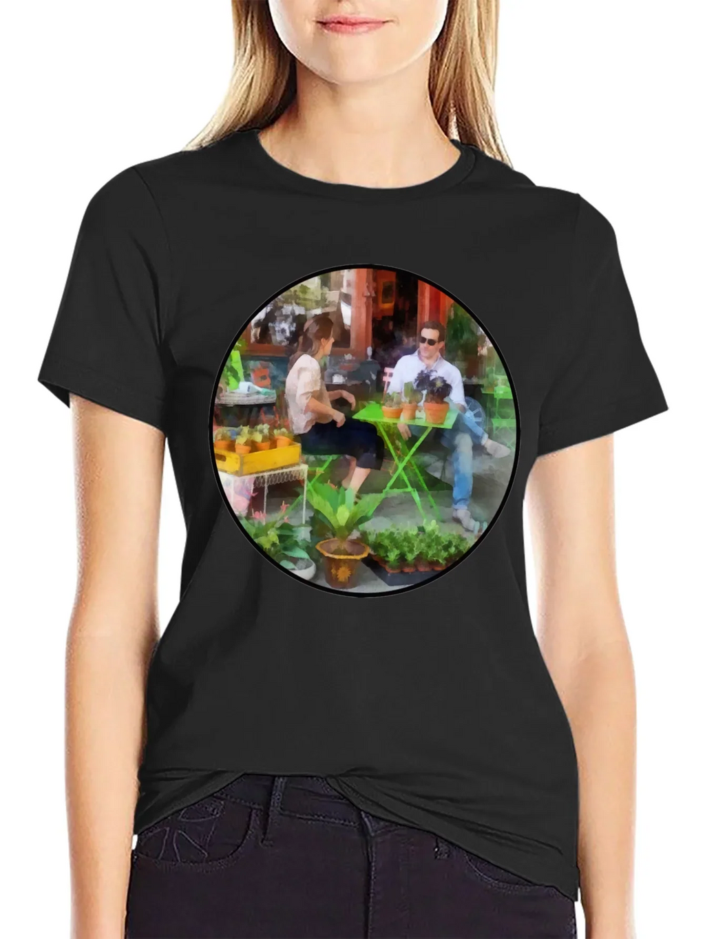 Artistic Cafe Scene Graphic Tee - Unique Design