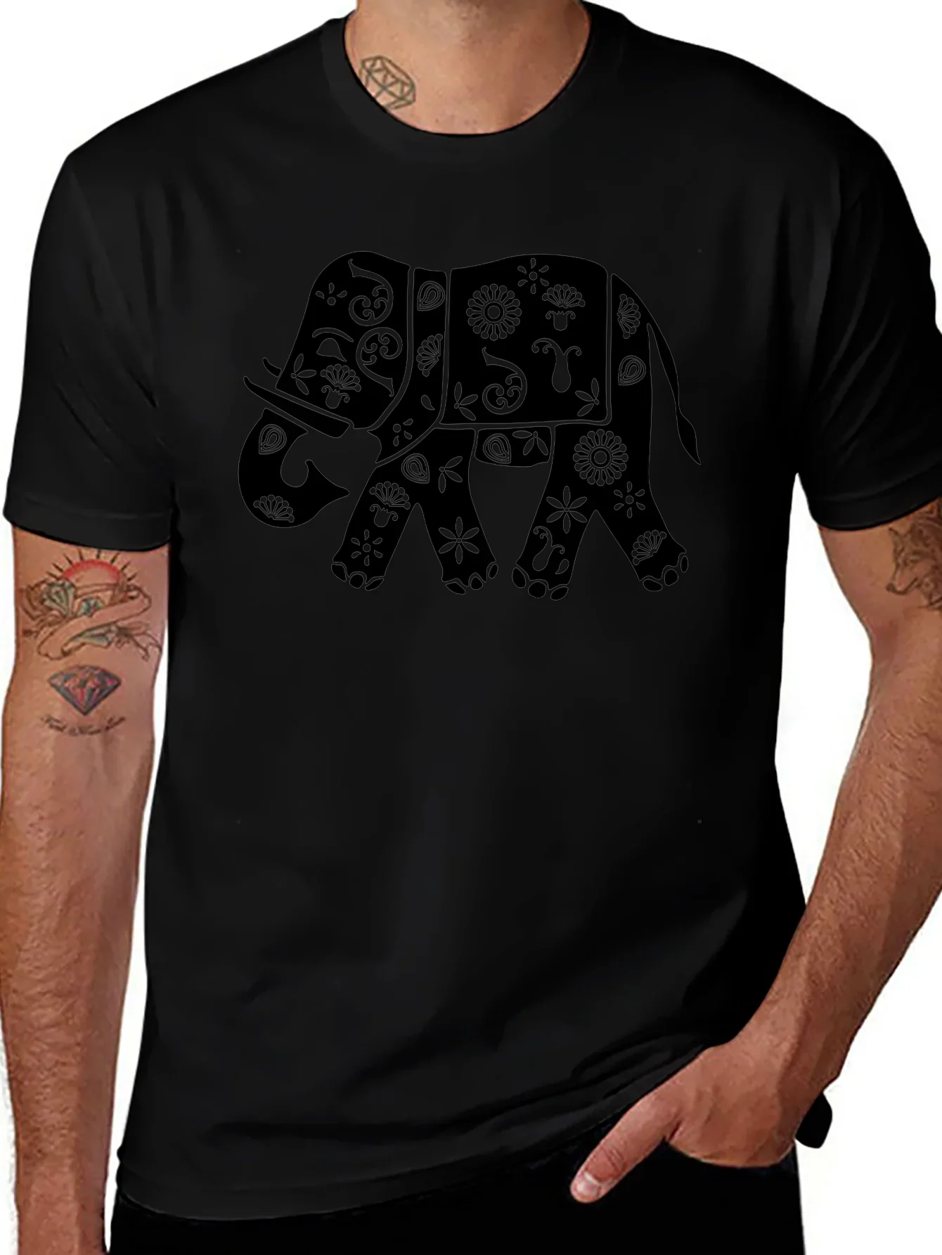 Black Elephant Floral Graphic Tee - Stylish Casual Comfort