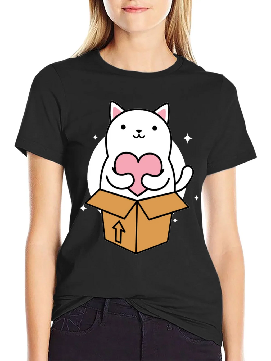 Cute Cat in Box Holding Heart T-Shirt