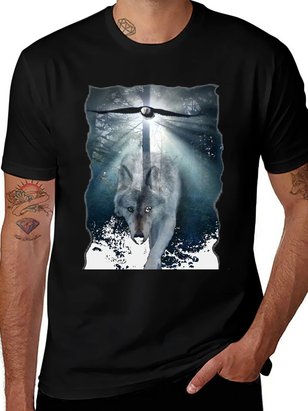 Wolf & Eagle Graphic Tee - Black Cotton Blend