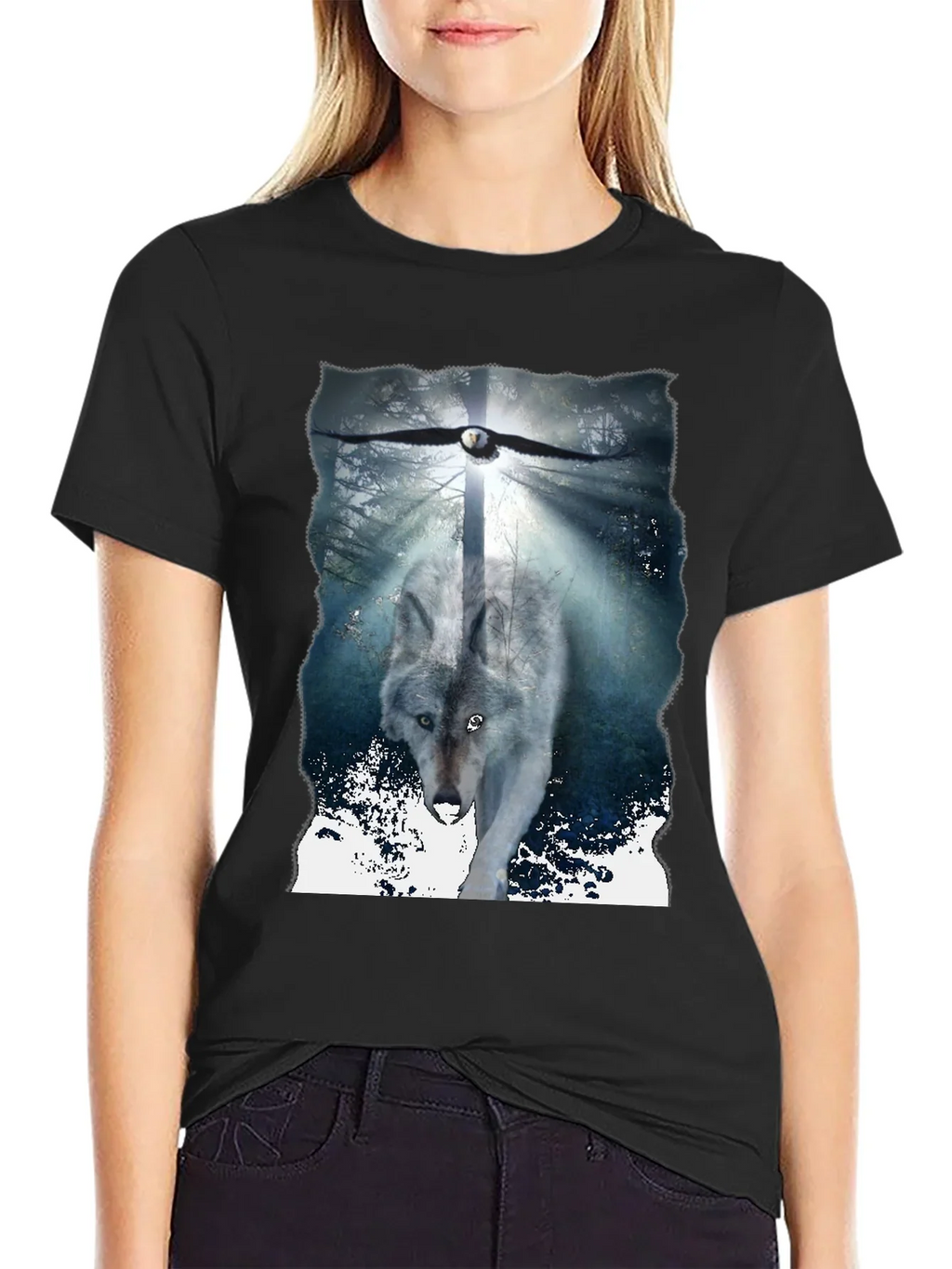 Wolf & Eagle Graphic Tee - Black Cotton Blend