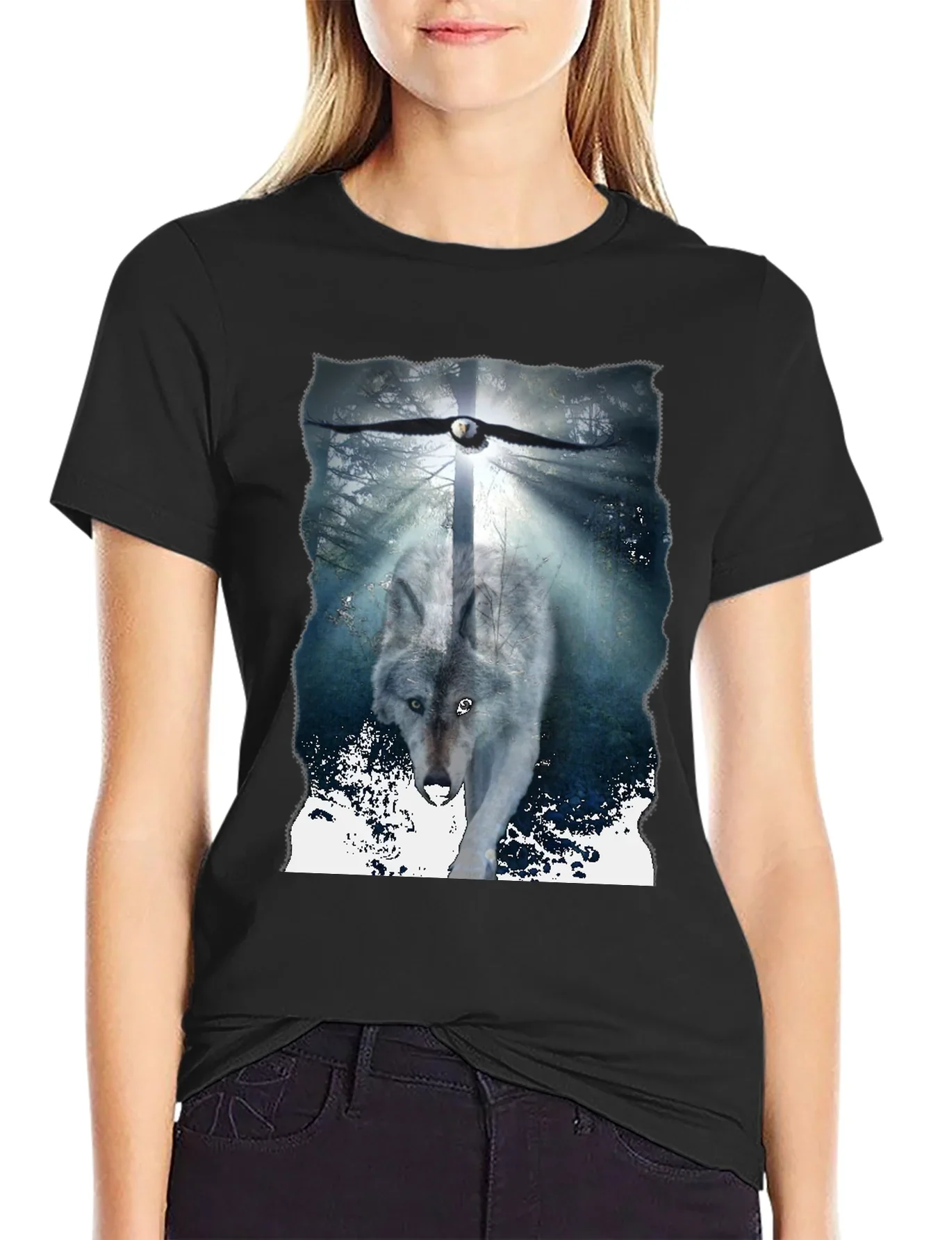 Wolf & Eagle Graphic Tee - Black Cotton Blend