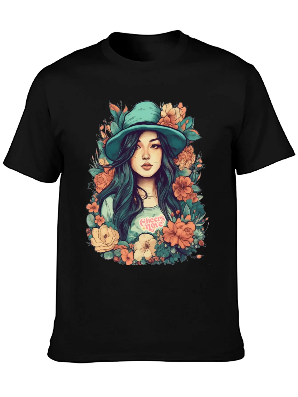 Floral Girl Graphic Print Black T-Shirt
