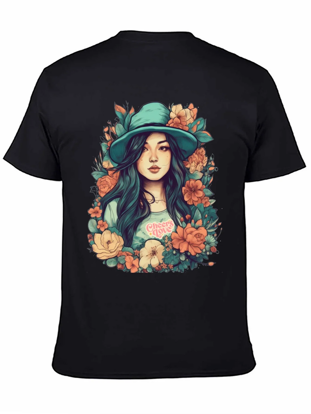 Floral Girl Graphic Print Black T-Shirt